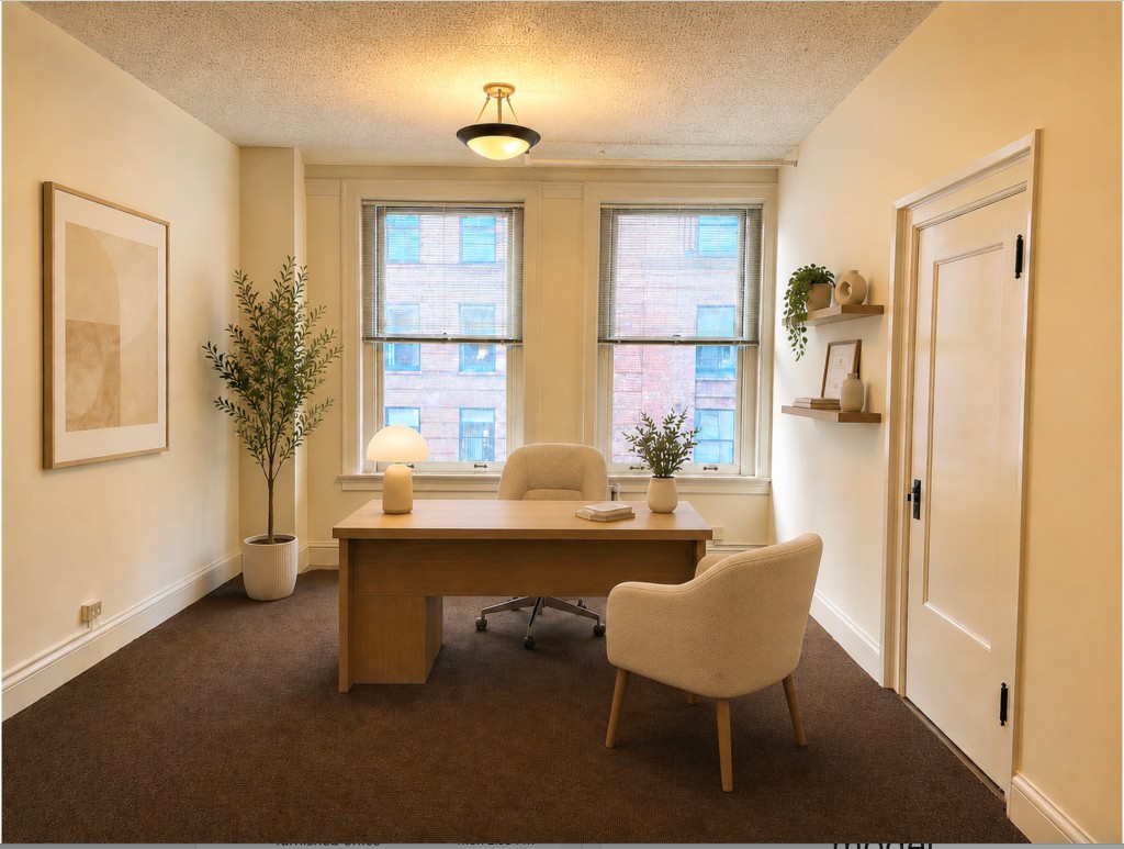 Suite 406–408 private office with two windows and natural light